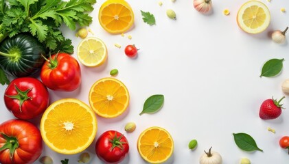 Variety of organic fruits and vegetables on white backdrop, plant-based diet, fresh