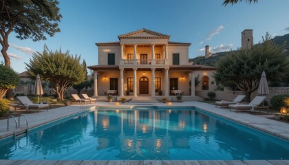 An elegant villa with classical architecture featuring a pristine swimming pool reflecting the building's facade on a clear day.