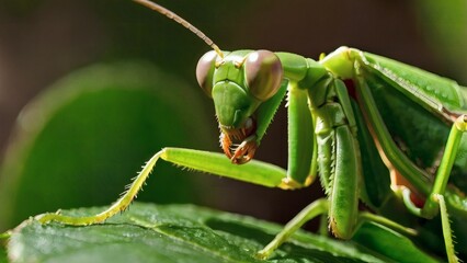 praying mantis on green leaf closeup macro 