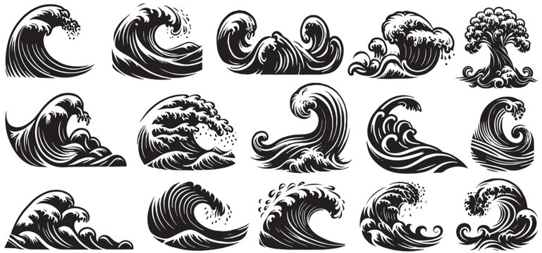 Sea wave set silhouette isolated on white background. Nature ocean graphic symbol vector illustration. Water wave element vector design collection	
