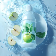 Light blue plastic bottle with green  design, surrounded by water splashes.