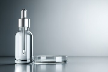 Naklejka premium Clear glass dropper bottle and petri dish on smooth surface showcasing minimalistic design and ambient lighting