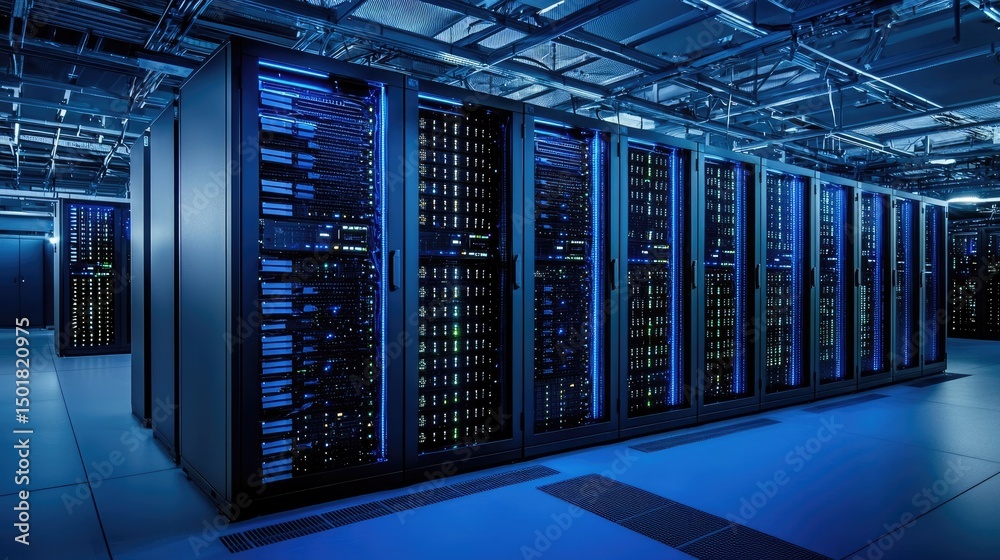 Poster spacious data center interior with glowing server cabinets and ceiling cabling, ideal for showcasing