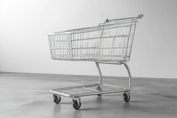 Empty shopping cart on a sleek grey surface with bright lighting reflecting off the metal design
