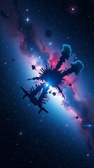 Naklejka premium Cosmic ink blot a silhouette of a spaceship exploding in a vibrant nebula
