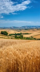 Fototapeta premium Golden Wheat Field Landscape in Tuscany Italy on Sunny Day Wide Angle Scenic View of Rolling Hills and Blue Sky with Clouds