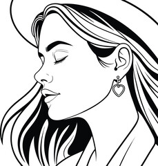 Grayscale Portrait Drawing of a Serene Woman with Flowing Hair and Heart Earrings