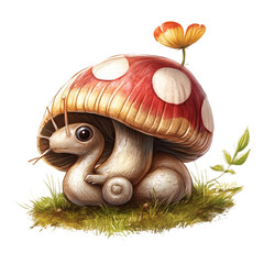 Fototapeta premium A cute mushroom with eyes and a snail-like body, sitting on the ground in profile isolated on a transparent background