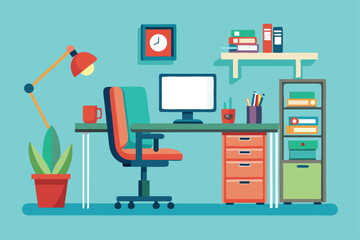 Colorful vector illustration of a home office workspace with desk and accessories