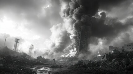 Black and white disaster scene