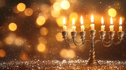 Hanukkah menorah with lit candles against a blurred, golden background.