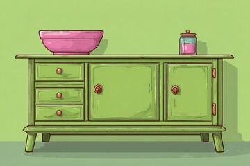 Green wooden cabinet with pink bowl and jar against a light green wall in a modern interior setting