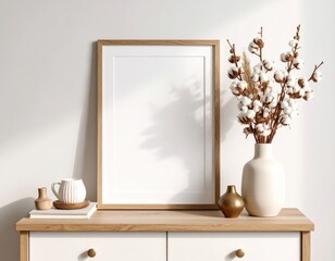 Minimalist interior with blank frame cotton flowers and ceramic decor on a wooden dresser