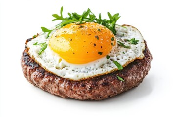 Hamburger steak with fried egg isolated on white