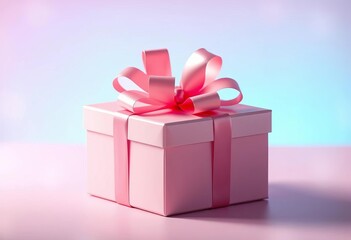 Fototapeta premium Pastel pink gift box, glossy pink bow, soft blue-pink gradient background, enchanting glow, backdrop, whimsical