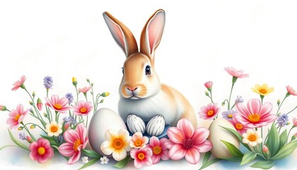 Obraz premium Pastel watercolor Easter bunny with eggs and spring flowers on soft background, poster, happy Easter