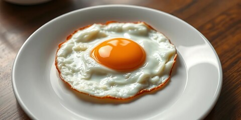 Perfectly fried egg, sunny-side up, yolk intact, on white plate, detail,  breakfast food