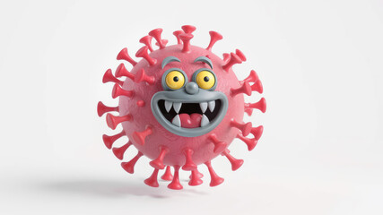 Cartoonish virus character with fangs and yellow eyes on white background