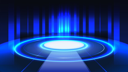 Futuristic neon stage background with a bright blue light circle and vertical emanating lines
