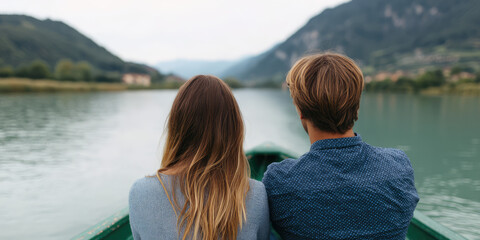 Fototapeta premium A couple sits in a boat facing a scenic view of a lake surrounded by mountains. Romantic getaway, nature retreat