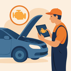 Mechanic with tablet performing car diagnostics and engine check in an automotive industry setting.