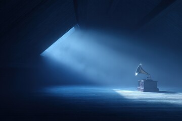 Soft light breaks through attic window illuminating vintage gramophone on wooden floor