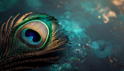 A close-up view showcases the exquisite details of a peacock feather, displaying vibrant colors and intricate patterns against a textured backdrop.