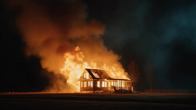 Burning house at night dramatic disaster scene