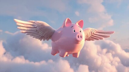 Cartoon piggy bank with wings flying in clouds
