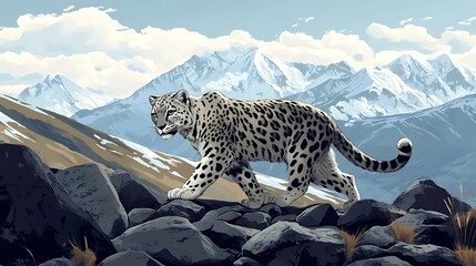 Majestic snow leopard on a mountain peak.