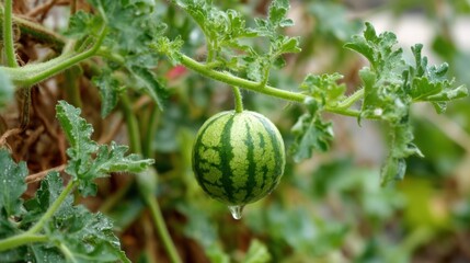 Close-up of a Small Watermelon Growing on a Vine with Green Leaves and a Water Droplet in a Garden Setting