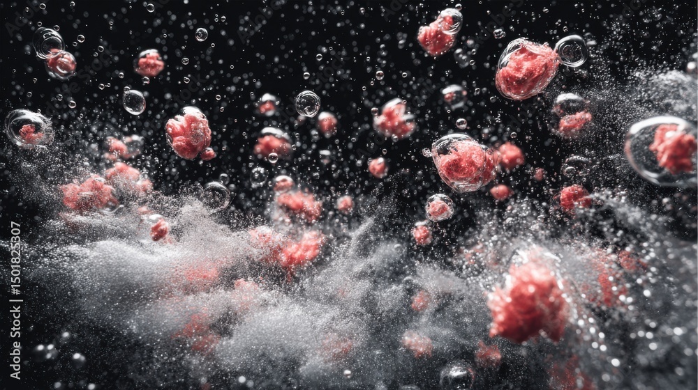 Canvas Prints abstract macro shot of red particles suspended in water with bubbles on black background studio shot
