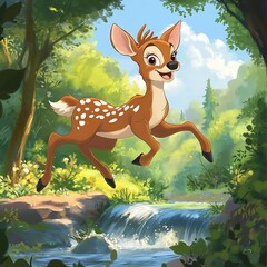 A fawn leaps over a small waterfall in a lush forest.