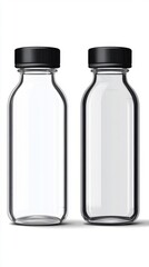 Two clear glass bottles with black caps studio shot on white background for beverage or liquid product mockup