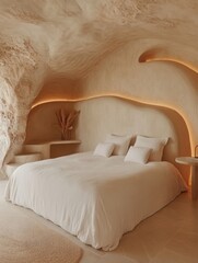 Interior view of a unique bedroom in a cave with natural light and minimalist design, featuring a comfortable bed and neutral color palette