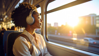 Serene Commute: A woman listens to music through headphones, gazing out of a train window at a bright, urban landscape and sunset. A moment of peace amidst the hustle of city life.
