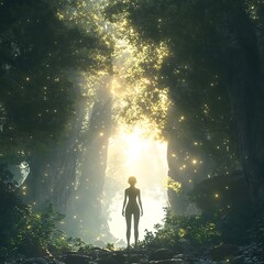 Silhouette of a figure in a sunlit enchanted forest.