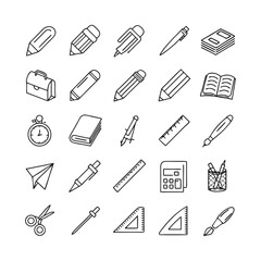 School Stationery Outline Icons – Pencils, Notebooks, Rulers, Erasers & More – Editable Stroke Vector Collection