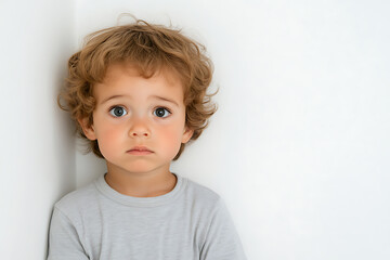 Fototapeta premium A toddler with wavy brown hair leans against a white wall, looking directly at the viewer with a slightly worried or concerned expression on his face.