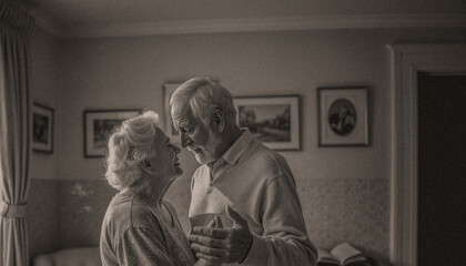 Elderly couple lovingly embracing, representing enduring love and companionship against a living room background