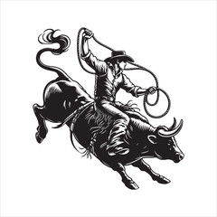 Obraz premium Bull Rodeo Showdown – Cowboy Riding a Bucking Bull in Action