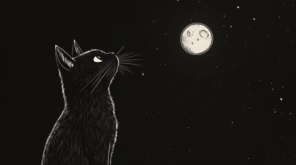 Illustration of a black cat gazing at the moon in a starry night sky. Mystical and poetic artwork with dark tones, evoking wonder, solitude, and curiosity.