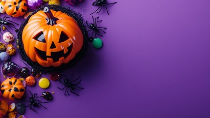 Halloween themed decorations and treats on a purple background.