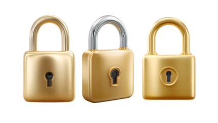 Three golden padlocks with different designs isolated on transparent background representing security, protection, and access control mechanisms