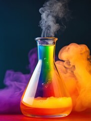 Colorful chemical reaction in Erlenmeyer flask with rising smoke, studio shot, science experiment with vibrant rainbow liquid