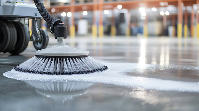 Floor Cleaning Machine: A cleaning machine efficiently scrubs a warehouse floor, ensuring a spotless and reflective surface in an industrial setting.