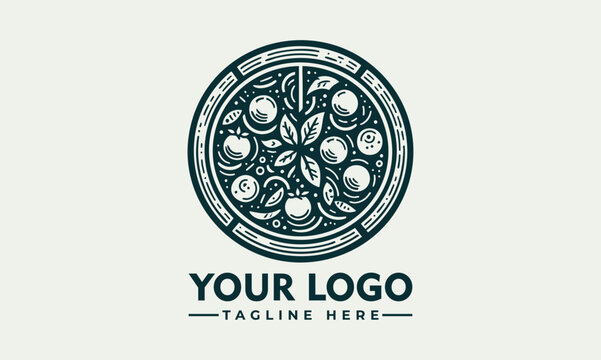 Ornate artistic pizza illustration divided into slices with decorative toppings and circular symmetry. Food concept
