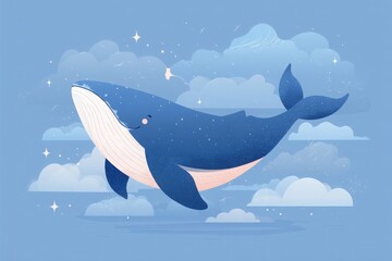 Smiling Whale with Clouds and Stars - Cute Cartoon Illustration for Kids, AI Generated
