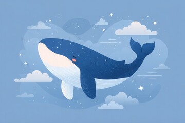 Smiling Whale with Clouds and Stars - Cute Cartoon Illustration for Kids, AI Generated