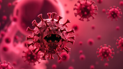 Close-up of red coronavirus with spikes and mouth under microscope